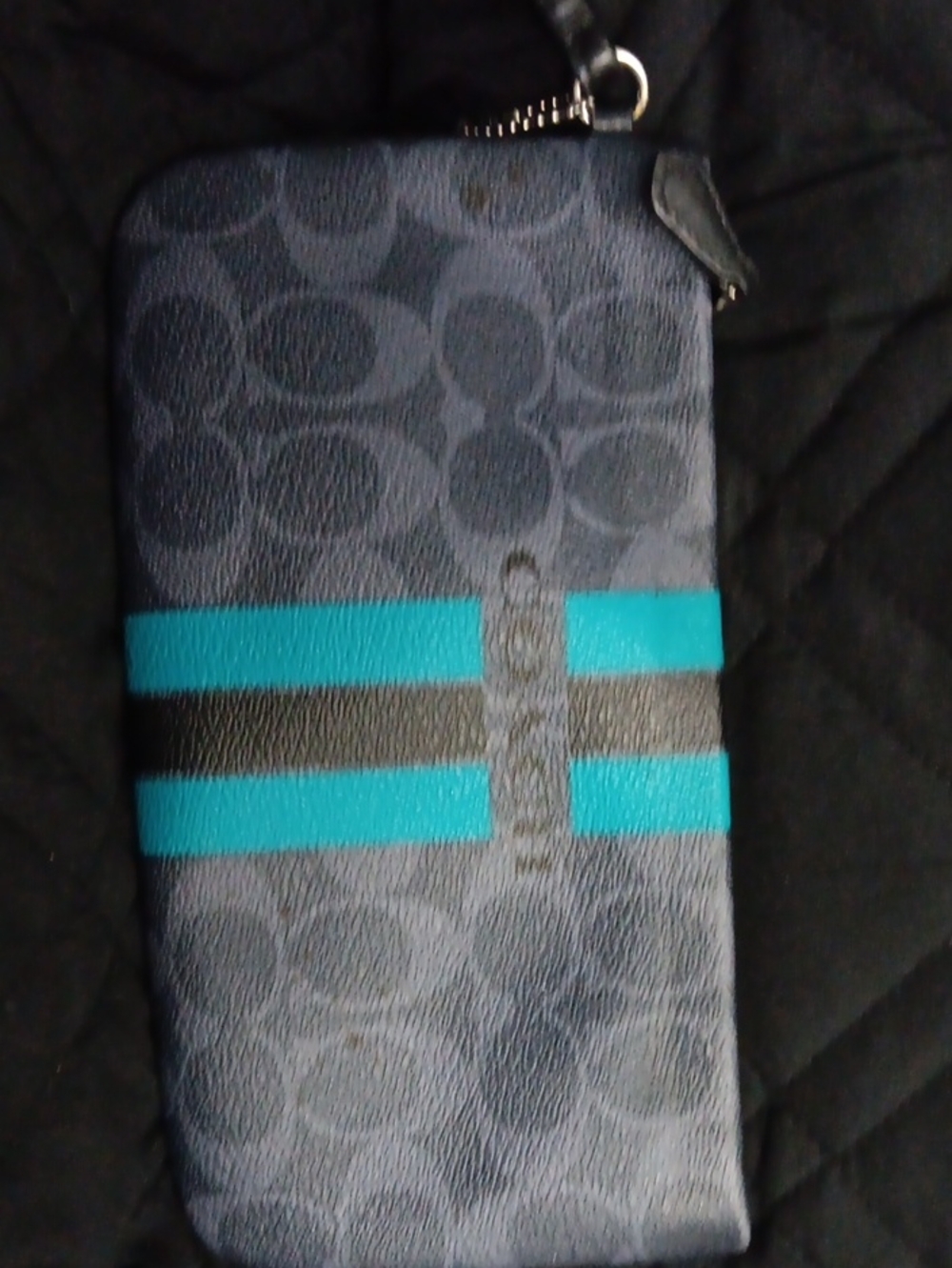 Coach Blue Signature Wristlet Phone Case with Teal Accent Stripes